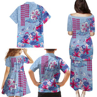 Hawaiian Tribal Manta Ray Family Matching Puletasi and Hawaiian Shirt Kakau Tattoo and Flowers Surfing Waves Pattern Soft Color LT03 - Polynesian Pride