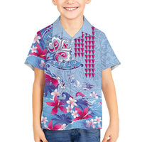 Hawaiian Tribal Manta Ray Family Matching Short Sleeve Bodycon Dress and Hawaiian Shirt Kakau Tattoo and Flowers Surfing Waves Pattern Soft Color LT03 Son's Shirt Multicolor - Polynesian Pride