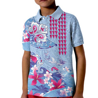 Hawaiian Tribal Manta Ray Kid Polo Shirt Kakau Tattoo and Flowers Surfing Waves Pattern Soft Color LT03 Kid Multicolor - Polynesian Pride