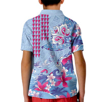 Hawaiian Tribal Manta Ray Kid Polo Shirt Kakau Tattoo and Flowers Surfing Waves Pattern Soft Color LT03 - Polynesian Pride