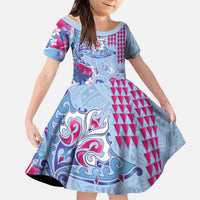 Hawaiian Tribal Manta Ray Kid Short Sleeve Dress Kakau Tattoo and Flowers Surfing Waves Pattern Soft Color LT03 KID Multicolor - Polynesian Pride