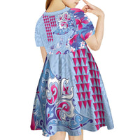 Hawaiian Tribal Manta Ray Kid Short Sleeve Dress Kakau Tattoo and Flowers Surfing Waves Pattern Soft Color LT03 - Polynesian Pride