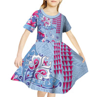 Hawaiian Tribal Manta Ray Kid Short Sleeve Dress Kakau Tattoo and Flowers Surfing Waves Pattern Soft Color LT03 - Polynesian Pride