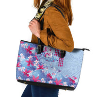 Hawaiian Tribal Manta Ray Leather Tote Bag Kakau Tattoo and Flowers Surfing Waves Pattern Soft Color LT03 Multicolor - Polynesian Pride