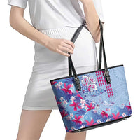 Hawaiian Tribal Manta Ray Leather Tote Bag Kakau Tattoo and Flowers Surfing Waves Pattern Soft Color LT03 - Polynesian Pride