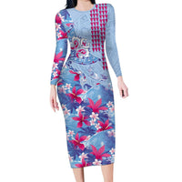 Hawaiian Tribal Manta Ray Long Sleeve Bodycon Dress Kakau Tattoo and Flowers Surfing Waves Pattern Soft Color LT03 Long Dress Multicolor - Polynesian Pride