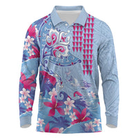 Hawaiian Tribal Manta Ray Long Sleeve Polo Shirt Kakau Tattoo and Flowers Surfing Waves Pattern Soft Color LT03 Multicolor - Polynesian Pride