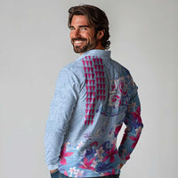 Hawaiian Tribal Manta Ray Long Sleeve Polo Shirt Kakau Tattoo and Flowers Surfing Waves Pattern Soft Color LT03 - Polynesian Pride