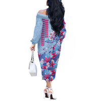 Hawaiian Tribal Manta Ray Off The Shoulder Long Sleeve Dress Kakau Tattoo and Flowers Surfing Waves Pattern Soft Color LT03 - Polynesian Pride