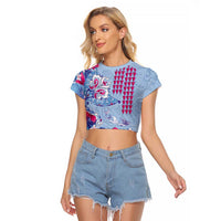 Hawaiian Tribal Manta Ray Raglan Cropped T Shirt Kakau Tattoo and Flowers Surfing Waves Pattern Soft Color LT03 Female Multicolor - Polynesian Pride