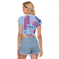 Hawaiian Tribal Manta Ray Raglan Cropped T Shirt Kakau Tattoo and Flowers Surfing Waves Pattern Soft Color LT03 - Polynesian Pride