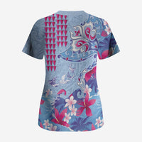 Hawaiian Tribal Manta Ray Scrub Top Kakau Tattoo and Flowers Surfing Waves Pattern Soft Color