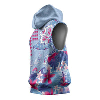 Hawaiian Tribal Manta Ray Sleeveless Hoodie Kakau Tattoo and Flowers Surfing Waves Pattern Soft Color LT03 - Polynesian Pride