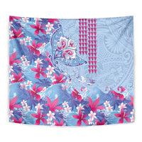 Hawaiian Tribal Manta Ray Tapestry Kakau Tattoo and Flowers Surfing Waves Pattern Soft Color
