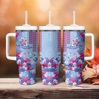 Hawaiian Tribal Manta Ray Tumbler With Handle Kakau Tattoo and Flowers Surfing Waves Pattern Soft Color LT03 - Polynesian Pride