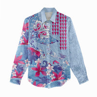Hawaiian Tribal Manta Ray Women Casual Shirt Kakau Tattoo and Flowers Surfing Waves Pattern Soft Color LT03 - Polynesian Pride