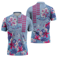 Hawaiian Tribal Manta Ray Zipper Polo Shirt Kakau Tattoo and Flowers Surfing Waves Pattern Soft Color LT03 - Polynesian Pride
