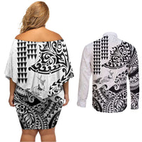 Hawaiian Tribal Manta Ray Couples Matching Off Shoulder Short Dress and Long Sleeve Button Shirt Kakau Tattoo and Polynesian Art Motif Pattern LT03 - Polynesian Pride