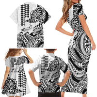 Hawaiian Tribal Manta Ray Family Matching Short Sleeve Bodycon Dress and Hawaiian Shirt Kakau Tattoo and Polynesian Art Motif Pattern LT03 - Polynesian Pride