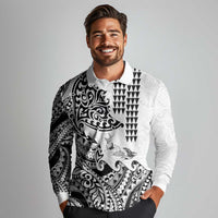 Hawaiian Tribal Manta Ray Long Sleeve Polo Shirt Kakau Tattoo and Polynesian Art Motif Pattern LT03 - Polynesian Pride