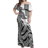 Hawaiian Tribal Manta Ray Off Shoulder Maxi Dress Kakau Tattoo and Polynesian Art Motif Pattern LT03 Women Multicolor - Polynesian Pride