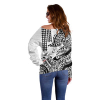 Hawaiian Tribal Manta Ray Off Shoulder Sweater Kakau Tattoo and Polynesian Art Motif Pattern