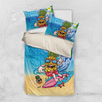 Hawaiian Funny Pineapple Surfing Bedding Set Beach with Tribal Kakau and Plumeria