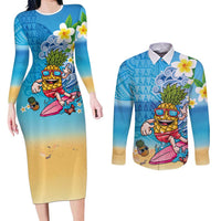Hawaiian Funny Pineapple Surfing Couples Matching Long Sleeve Bodycon Dress and Long Sleeve Button Shirt Beach with Tribal Kakau and Plumeria LT03 Multicolor - Polynesian Pride