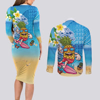 Hawaiian Funny Pineapple Surfing Couples Matching Long Sleeve Bodycon Dress and Long Sleeve Button Shirt Beach with Tribal Kakau and Plumeria LT03 - Polynesian Pride