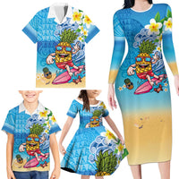 Hawaiian Funny Pineapple Surfing Family Matching Long Sleeve Bodycon Dress and Hawaiian Shirt Beach with Tribal Kakau and Plumeria LT03 - Polynesian Pride