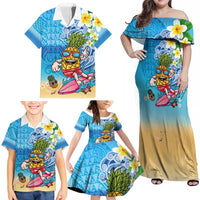 Hawaiian Funny Pineapple Surfing Family Matching Off Shoulder Maxi Dress and Hawaiian Shirt Beach with Tribal Kakau and Plumeria LT03 - Polynesian Pride