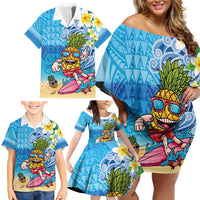 Hawaiian Funny Pineapple Surfing Family Matching Off Shoulder Short Dress and Hawaiian Shirt Beach with Tribal Kakau and Plumeria LT03 - Polynesian Pride