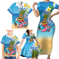 Hawaiian Funny Pineapple Surfing Family Matching Short Sleeve Bodycon Dress and Hawaiian Shirt Beach with Tribal Kakau and Plumeria LT03 - Polynesian Pride