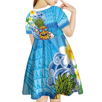 Hawaiian Funny Pineapple Surfing Kid Short Sleeve Dress Beach with Tribal Kakau and Plumeria LT03 - Polynesian Pride