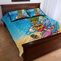 Hawaiian Funny Pineapple Surfing Quilt Bed Set Beach with Tribal Kakau and Plumeria