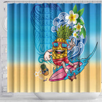 Hawaiian Funny Pineapple Surfing Shower Curtain Beach with Tribal Kakau and Plumeria LT03 - Polynesian Pride