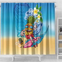 Hawaiian Funny Pineapple Surfing Shower Curtain Beach with Tribal Kakau and Plumeria LT03 - Polynesian Pride