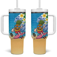 Hawaiian Funny Pineapple Surfing Tumbler With Handle Beach with Tribal Kakau and Plumeria LT03 One Size: 40 oz Multicolor - Polynesian Pride