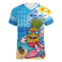Hawaiian Funny Pineapple Surfing Women V-Neck T-Shirt Beach with Tribal Kakau and Plumeria LT03 Female Multicolor - Polynesian Pride