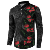 Hawaiian Taro Leaves and Ohia Lehua Button Sweatshirt Polynesian Tribal Art Tropical Plants Motifs Grayscale LT03 - Polynesian Pride