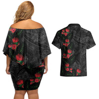 Hawaiian Taro Leaves and Ohia Lehua Couples Matching Off Shoulder Short Dress and Hawaiian Shirt Polynesian Tribal Art Tropical Plants Motifs Grayscale LT03 - Polynesian Pride