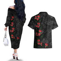 Hawaiian Taro Leaves and Ohia Lehua Couples Matching Off The Shoulder Long Sleeve Dress and Hawaiian Shirt Polynesian Tribal Art Tropical Plants Motifs Grayscale LT03 - Polynesian Pride