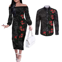 Hawaiian Taro Leaves and Ohia Lehua Couples Matching Off The Shoulder Long Sleeve Dress and Long Sleeve Button Shirt Polynesian Tribal Art Tropical Plants Motifs Grayscale LT03 Multicolor - Polynesian Pride