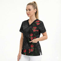 Hawaiian Taro Leaves and Ohia Lehua Scrub Top Polynesian Tribal Art Tropical Plants Motifs Grayscale LT03 - Polynesian Pride