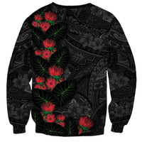 Hawaiian Taro Leaves and Ohia Lehua Sweatshirt Polynesian Tribal Art Tropical Plants Motifs Grayscale LT03 - Polynesian Pride