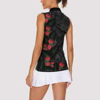 Hawaiian Taro Leaves and Ohia Lehua Women Sleeveless Polo Shirt Polynesian Tribal Art Tropical Plants Motifs Grayscale LT03 - Polynesian Pride