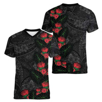 Hawaiian Taro Leaves and Ohia Lehua Women V-Neck T-Shirt Polynesian Tribal Art Tropical Plants Motifs Grayscale LT03 - Polynesian Pride