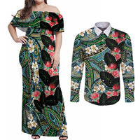 Hawaiian Taro Leaves and Ohia Lehua Couples Matching Off Shoulder Maxi Dress and Long Sleeve Button Shirt Polynesian Tribal Art Tropical Plants Motifs Colorful LT03 Multicolor - Polynesian Pride