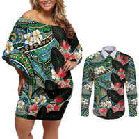 Hawaiian Taro Leaves and Ohia Lehua Couples Matching Off Shoulder Short Dress and Long Sleeve Button Shirt Polynesian Tribal Art Tropical Plants Motifs Colorful LT03 Multicolor - Polynesian Pride