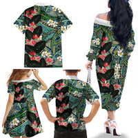 Hawaiian Taro Leaves and Ohia Lehua Family Matching Off The Shoulder Long Sleeve Dress and Hawaiian Shirt Polynesian Tribal Art Tropical Plants Motifs Colorful LT03 - Polynesian Pride